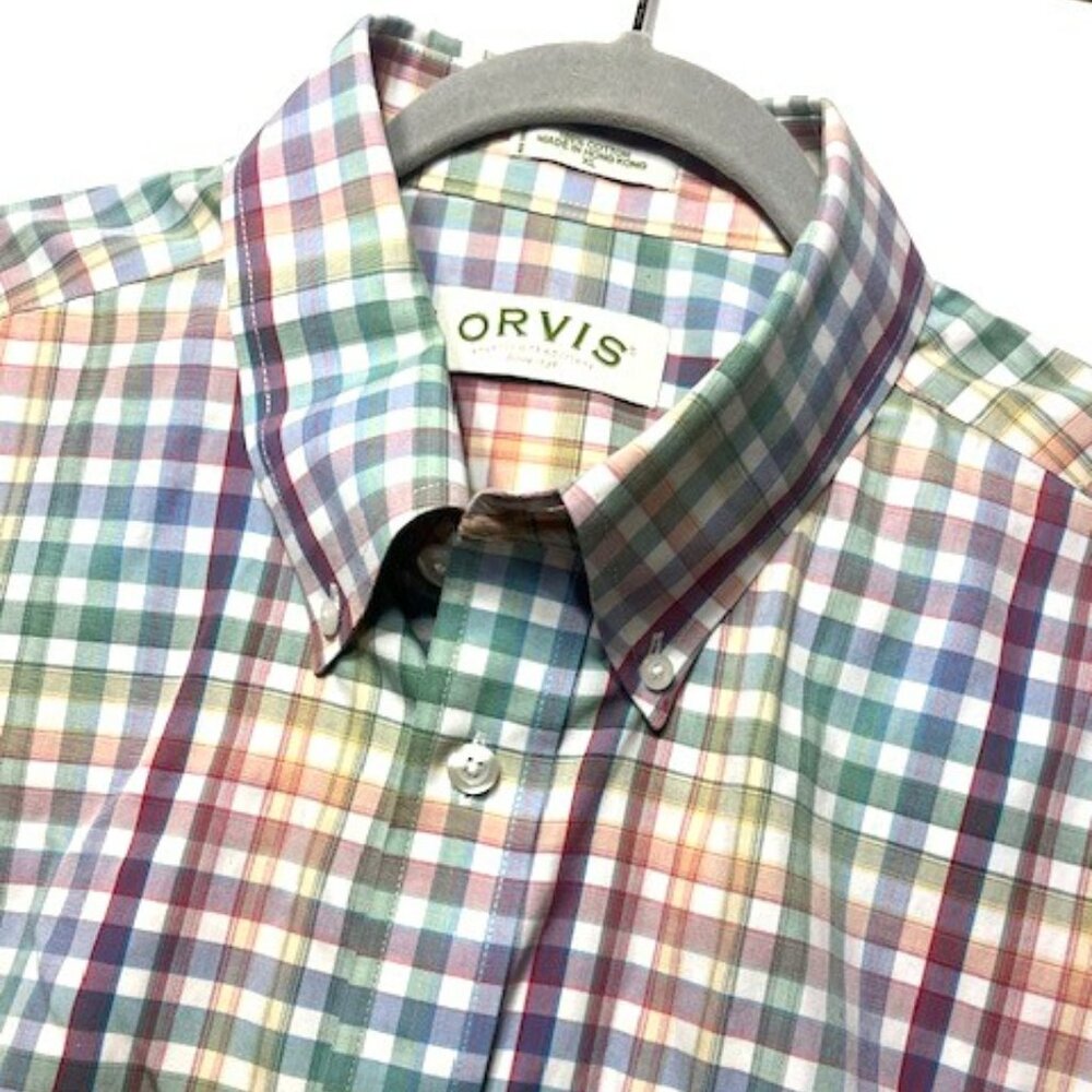 Orvis Men's Short Sleeve Button Front Pastel 100% Cotton Plaid Shirt Sz XL